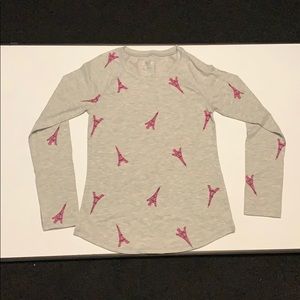Gray long sleeve tee with pink Eiffel Tower design